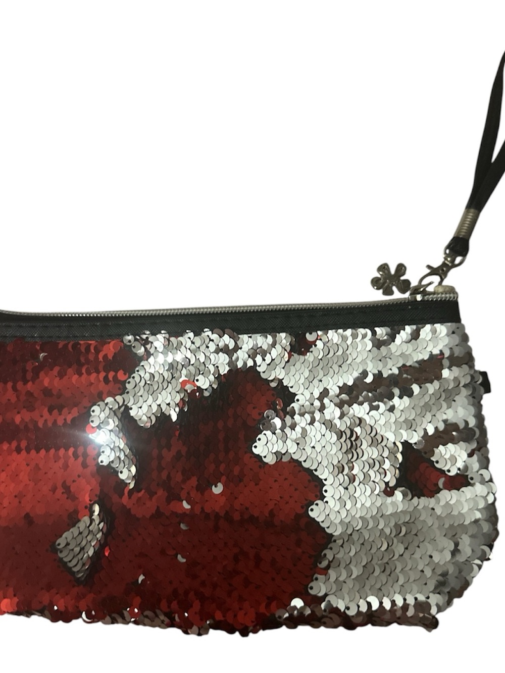 Amazon Red and Silver Sequin Wristlet Pouch flower silver charm like new cute